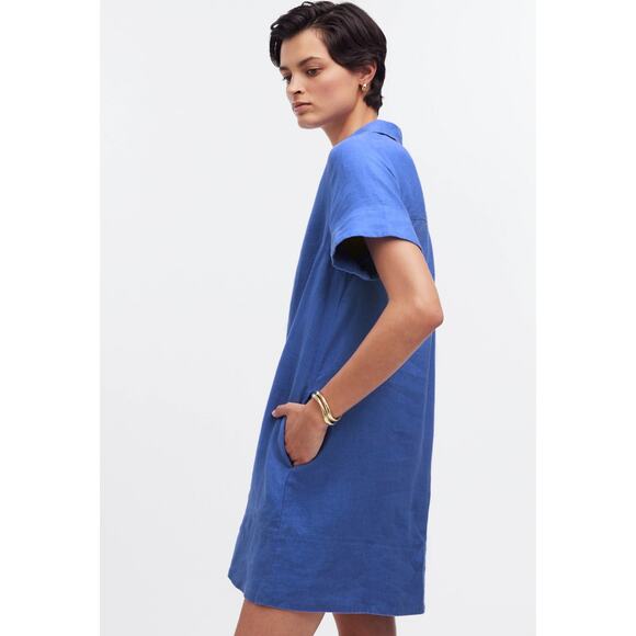 MADEWELL Linen Shirt Dress S NWT Blue Star V-Neck NEW Shift Pockets NQ627 - Picture 2 of 5
